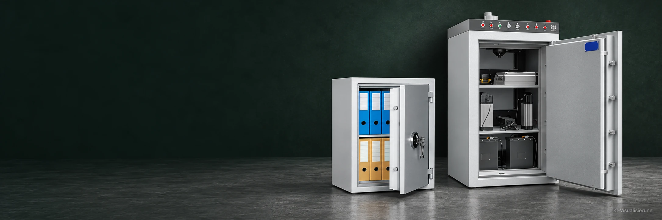 KI-Visualisierung: Dokumententresor und Batterielagerungsschrank in einem dunklen grünen Umfeld.