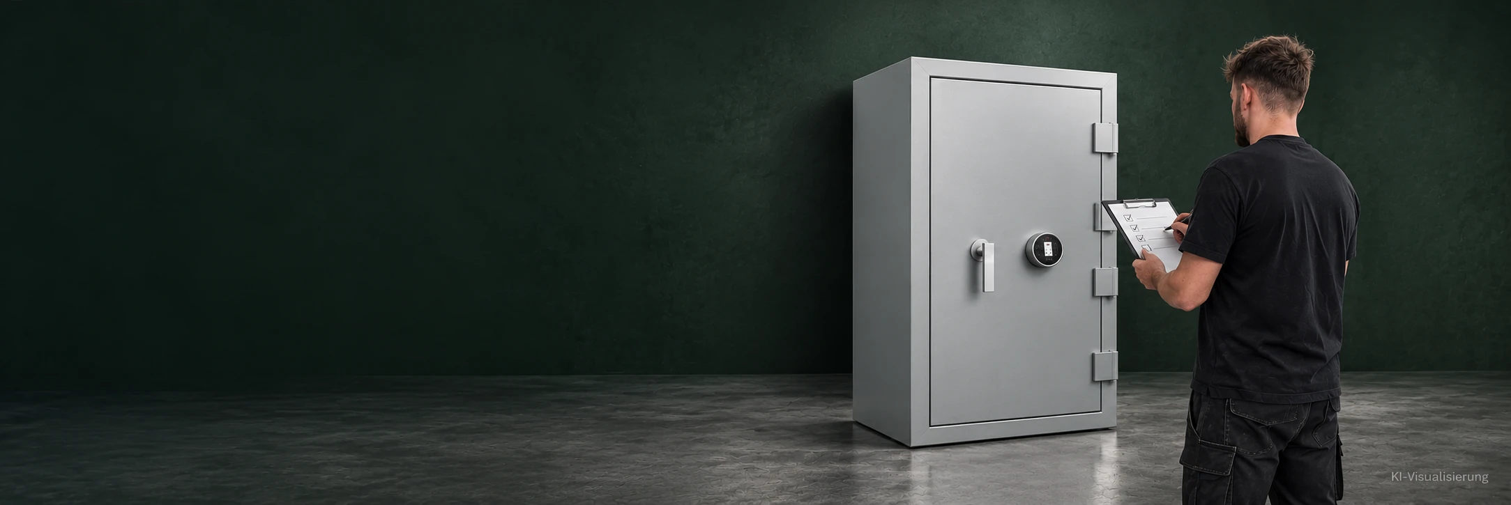 KI-Visualisierung: Techniker mit Checkliste neben einem geschlossenen Wertschutzschrank.